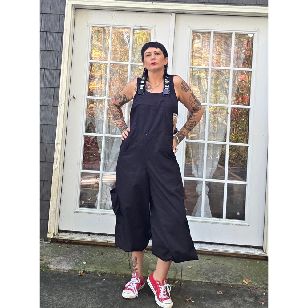 DOUF. Black Ripstop UFO Overalls Black One Size Fits Most Elastic Strap Buckle